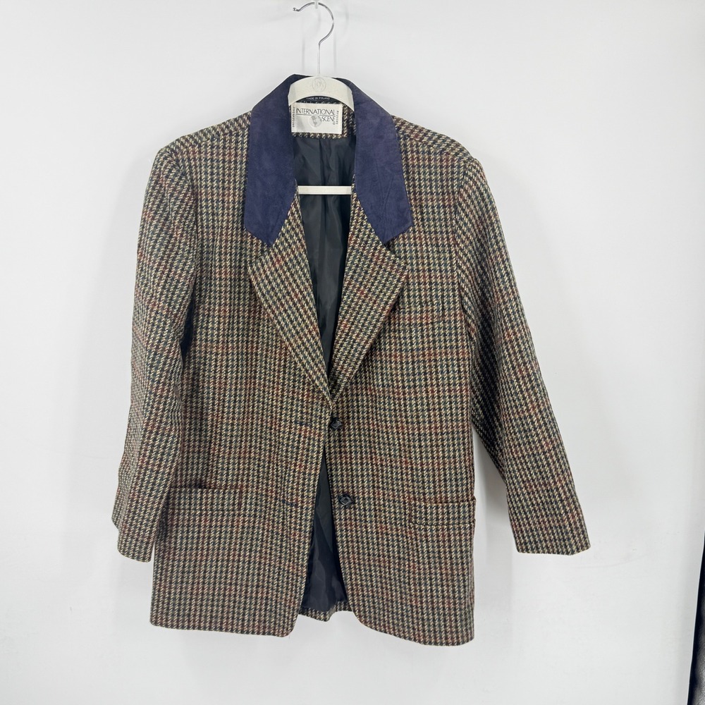 Vintage International Scene Wool Houndstooth Blazer Suede Collar Pocket Size 7/8